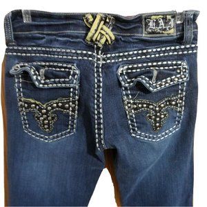LA IDOL Jeans Sz 1 28x31 Flap pocket Bling Dark wash denim Designer Jr. pants